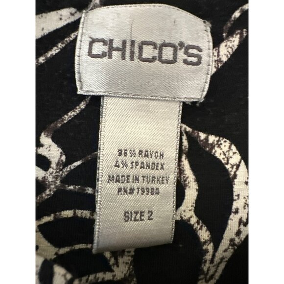 Chicos Size 2 L Black & White Floral Long Sleeve Top Cottage Stretch Career - Picture 2 of 4